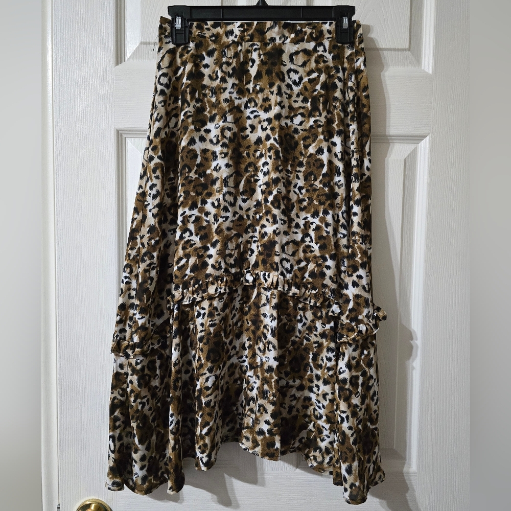 Society + Stitch Leopard Print Flowy Midi Skirt, Ruffle Details, Unlined, EUC!